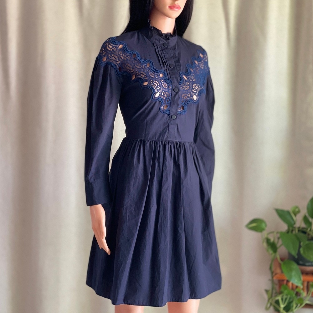 Sandro Paris Lace Yoke Mini Dress Marine Navy Blue Long Sleeve Prairie Sz 36